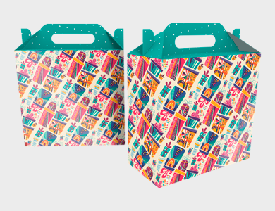 PRE003 - Caixa de Presente Pequena com Alça Modelo Presente Couchê 300g Verniz Total Frente 18,9x9x18cm - 4x0 - 50 unid